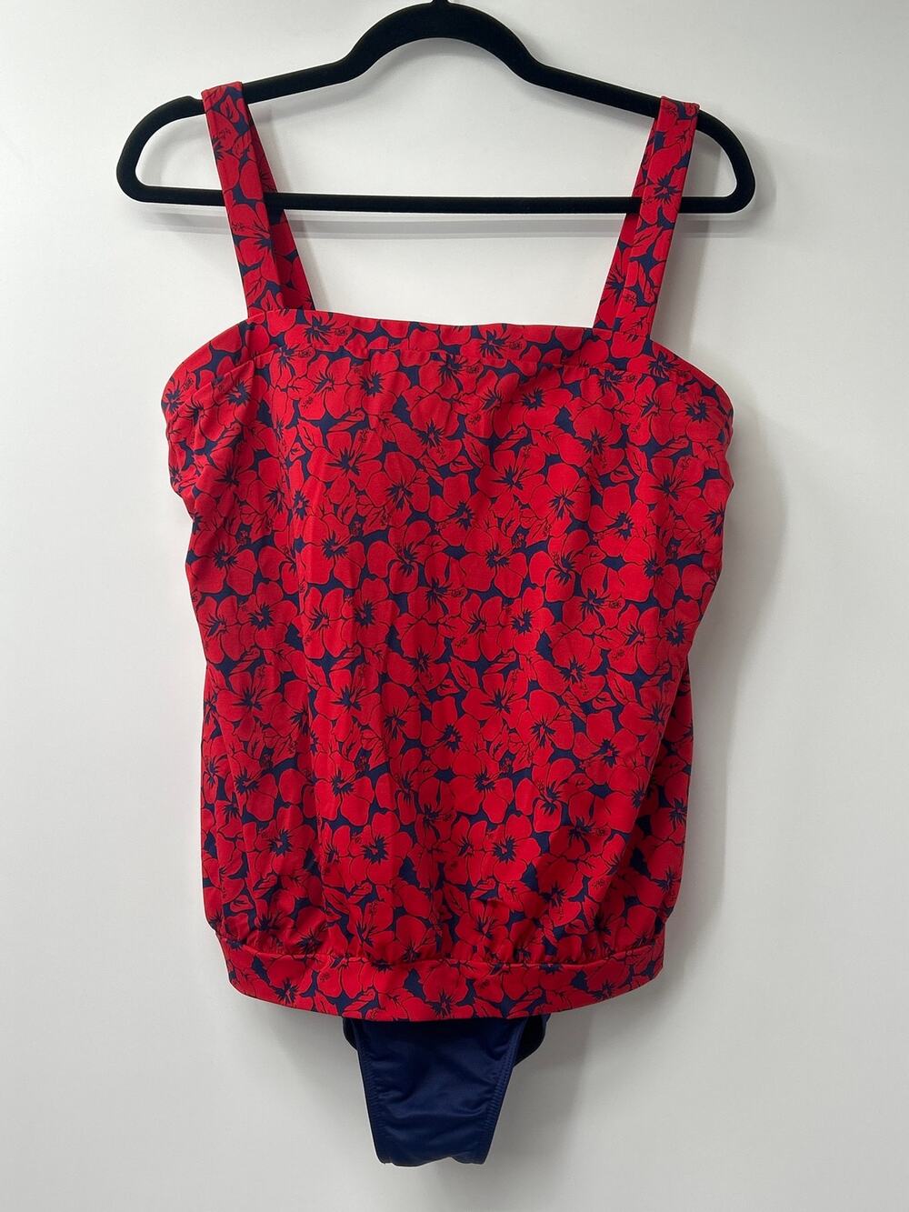Miraclesuit Red Navy Hibiscus Floral Blouson One Piece Swimsuit Size Est M?
